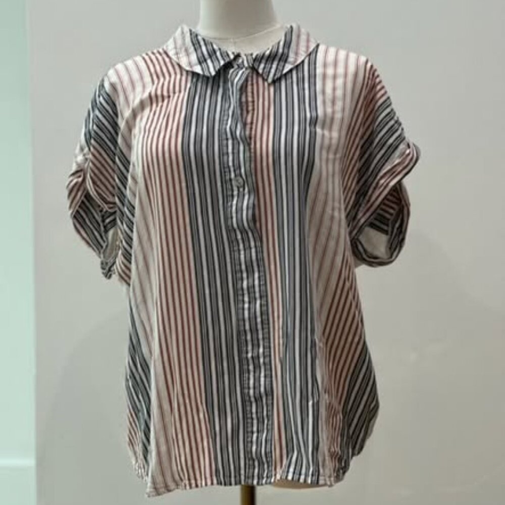 White Shirt with Blue and Orange Stripes